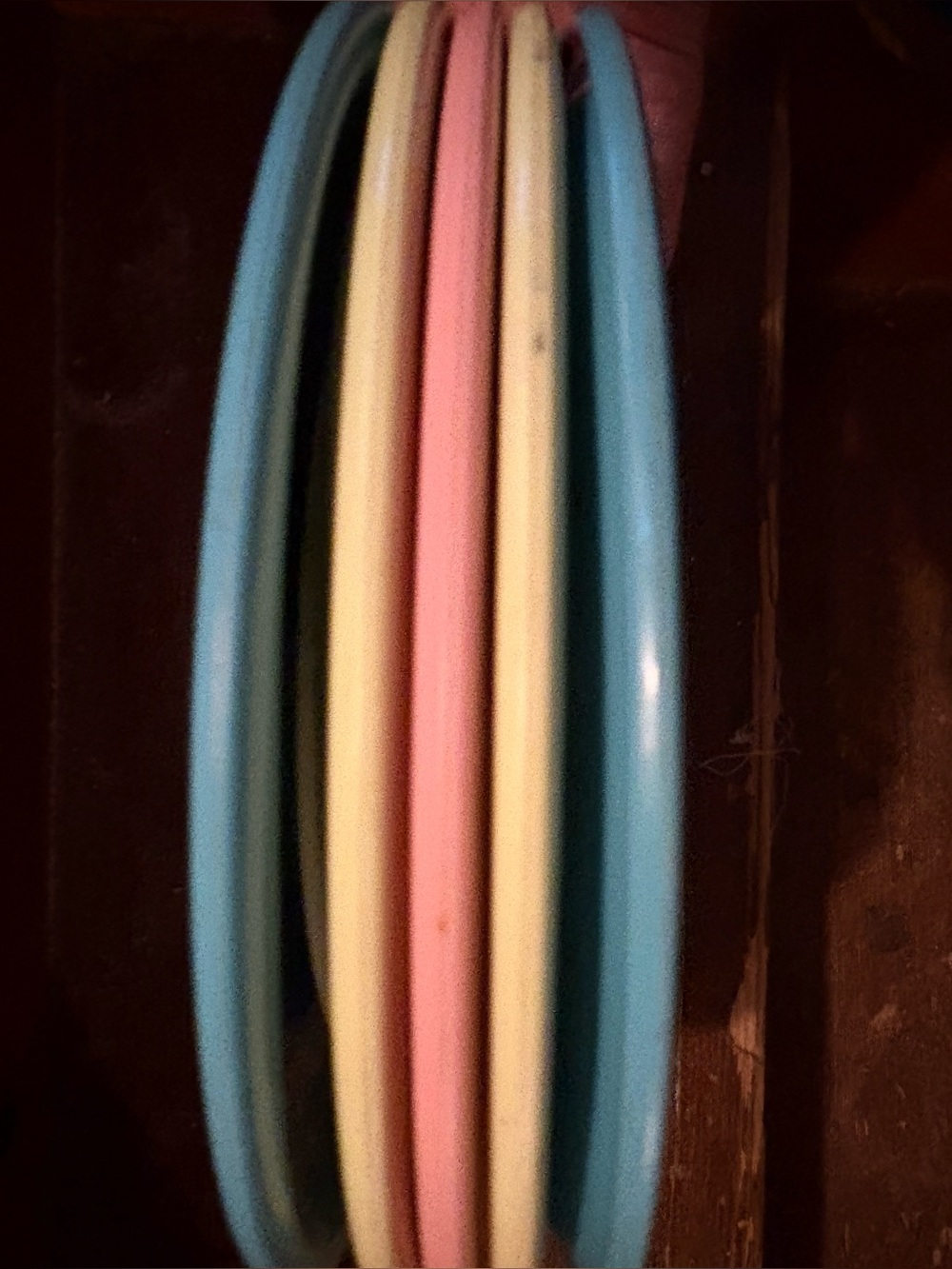 Vintage MCM Boonton Pastel Pink  Blue Green Yellow dinner plates - SET OF 5